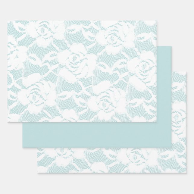 Mint and white lace roses floral  wrapping paper sheet (Set)