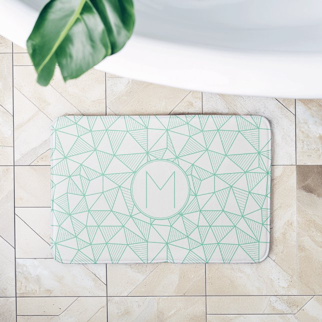 Mint and White Modern Geometric Pattern Monogram Bath Mat (Creator Uploaded)