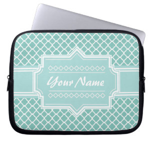 Mint and White Moroccan Quatrefoil Lattice Laptop Sleeve