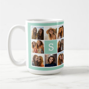 Mint and White Photo Collage with Monogram Coffee Mug