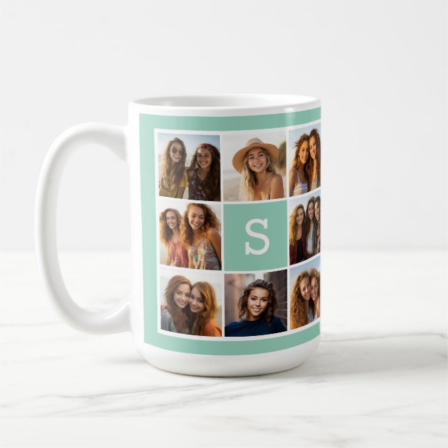 Mint and White Photo Collage with Monogram Coffee Mug (Left)