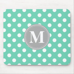 Mint and White Polka Dots Grey Monogram Mouse Mat