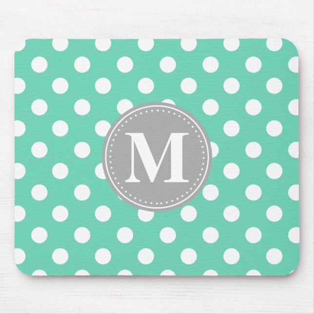 Mint and White Polka Dots Grey Monogram Mouse Mat (Front)