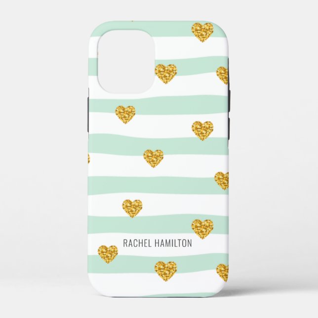 Mint and White Stripes Gold Hearts Custom Name Case-Mate iPhone Case (Back)