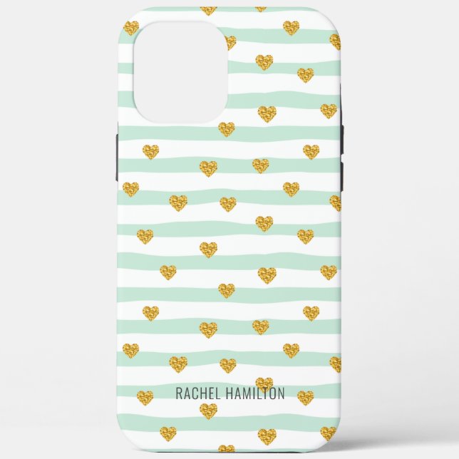 Mint and White Stripes Gold Hearts Custom Name Case-Mate iPhone Case (Back)