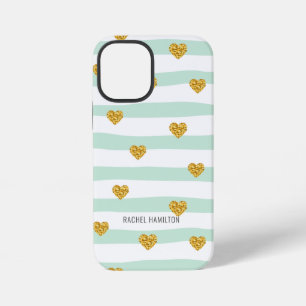 Mint and White Stripes Gold Hearts Custom Name iPhone 12 Mini Case