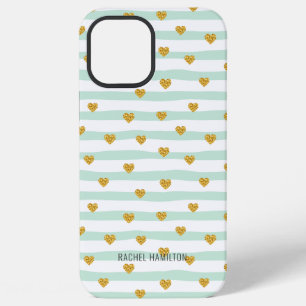 Mint and White Stripes Gold Hearts Custom Name iPhone 12 Pro Max Case