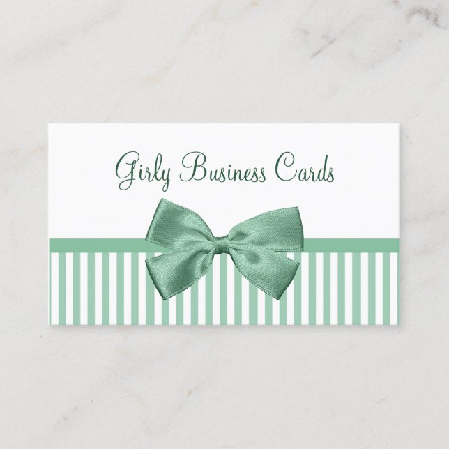 Mint and White Stripes With Girly Light Jade Bow Business Card (Front)