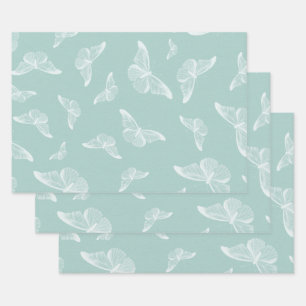 Mint and White Vintage Butterflies Wrapping Paper Sheet