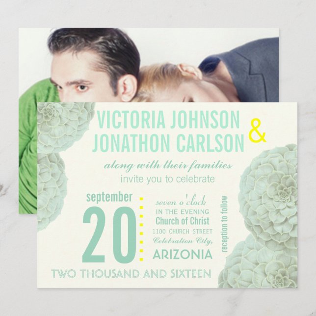 Mint and Yellow Succulent Modern Wedding Invitation (Front/Back)