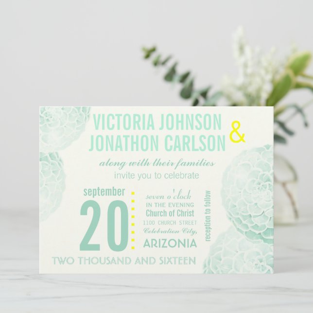 Mint and Yellow Succulent Modern Wedding Invitation (Standing Front)