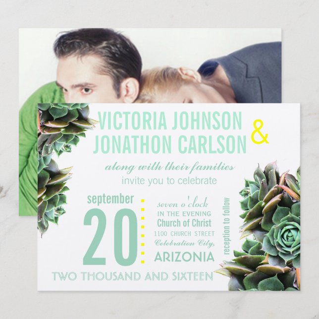 Mint and Yellow Succulent Modern Wedding Invitation (Front/Back)