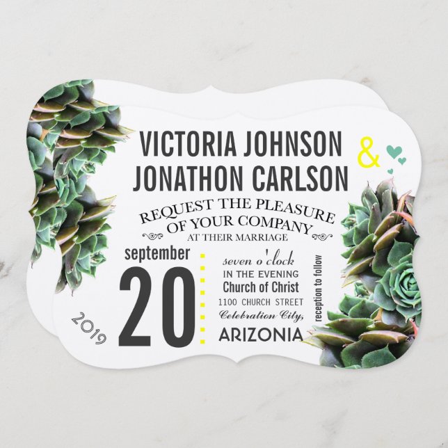 Mint and Yellow Succulent Modern Wedding Invitation (Front/Back)