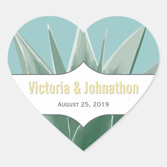 Mint and Yellow Succulent Wedding Heart Sticker (Front)