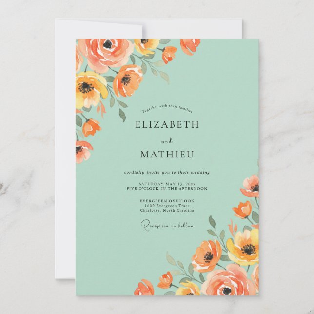 Mint Apricot Poppy Wedding Invitation (Front)