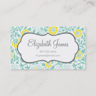 Mint Aqua and Yellow Retro Floral Damask Business Card