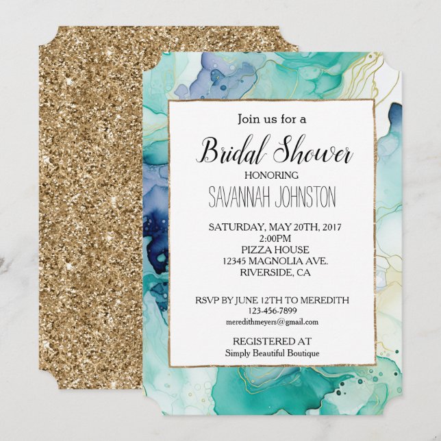 Mint Aqua Blue Ink Marble Invitation (Front/Back)