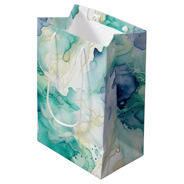 Mint Aqua Blue Ink Marble Medium Gift Bag (Front Angled)
