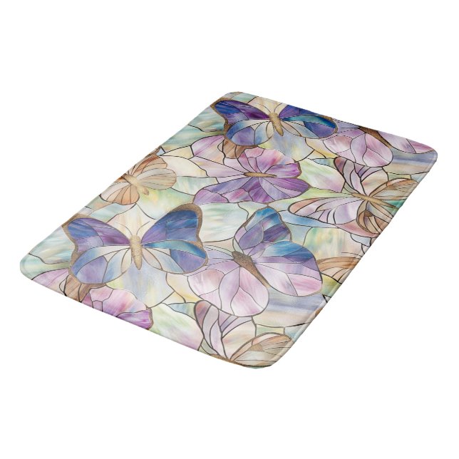 Mint Aqua Blue Purple Butterflies Bath Mat (Angled)