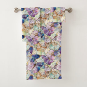 Mint Aqua Blue Purple Butterflies Bath Towel Set