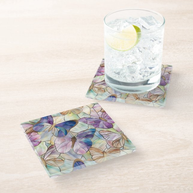 Mint Aqua Blue Purple Butterflies Glass Coaster (Angled)