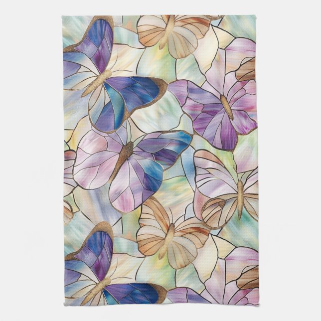 Mint Aqua Blue Purple Butterflies Tea Towel (Vertical)
