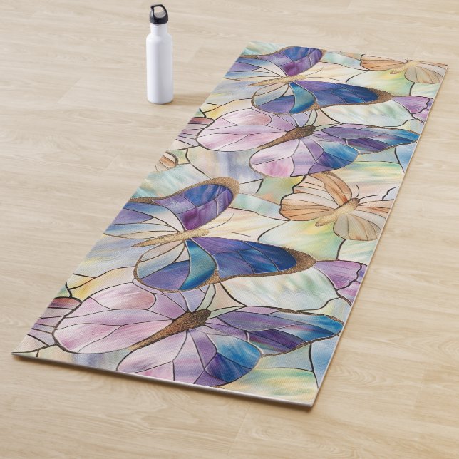 Mint Aqua Blue Purple Butterflies Yoga Mat (In Situ)