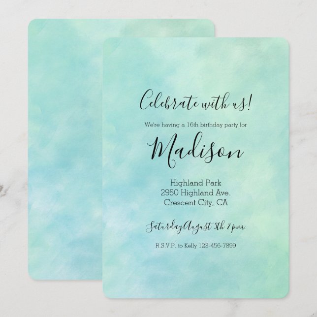 Mint Aqua Blue Tie Dye Watercolor Invitation (Front/Back)