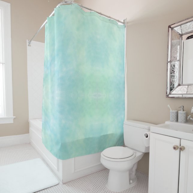 Mint Aqua Blue Tie Dye Watercolor Shower Curtain (In Situ)