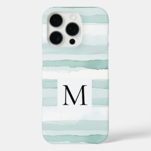 Mint Aqua Blue White Stripes Monogram iPhone 16 Pro Case