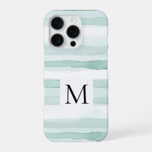 Mint Aqua Blue White Stripes Monogram iPhone 16 Pro Case