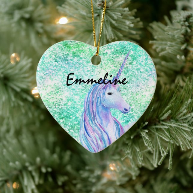 Mint Aqua Confetti Glitter Unicorn Ceramic Tree Decoration (Tree)