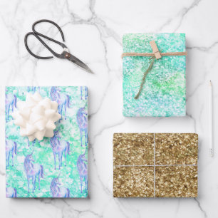 Mint Aqua Confetti Glitter Unicorn Wrapping Paper Sheet