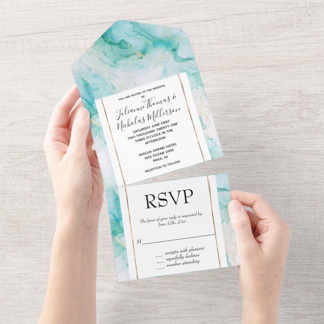 Mint Aqua Glam Elegant Gold Marble All In One Invitation (Tearaway)
