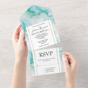 Mint Aqua Glam Elegant Gold Marble All In One Invitation
