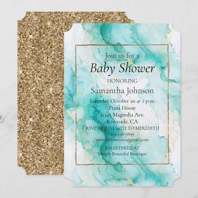 Mint Aqua Glam Elegant Gold Marble Invitation (Front/Back)