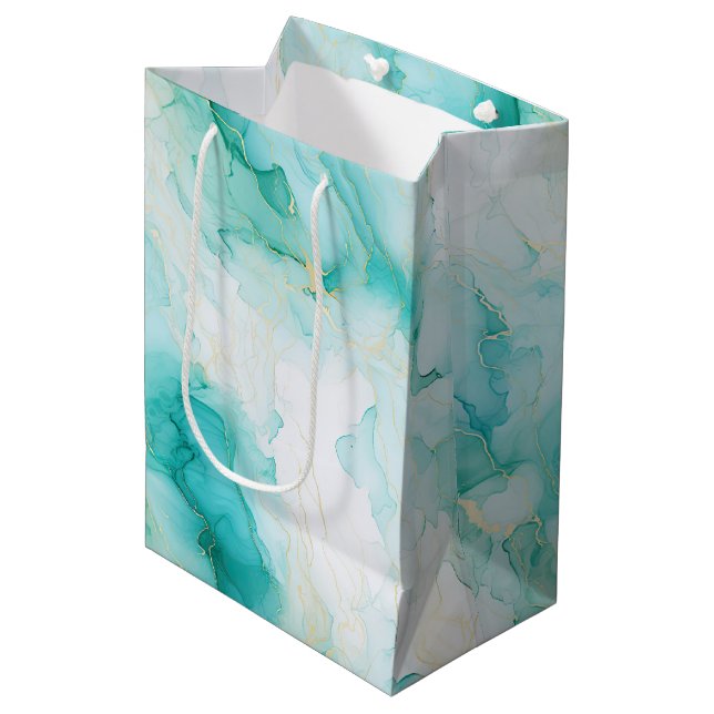 Mint Aqua Glam Elegant Gold Marble Medium Gift Bag (Front Angled)