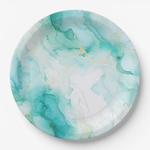 Mint Aqua Glam Elegant Gold Marble Paper Plate