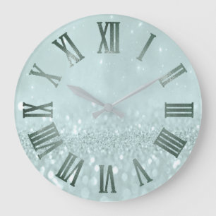 Mint Aqua Glitter Grey Metallic Roman Numers Large Clock