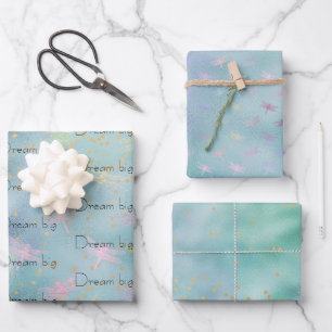 Mint Aqua Gold Confetti Dreamy Dragonflies Wrapping Paper Sheet