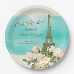 Mint Aqua Gold Eiffel Tower Paris Sweet 16 Paper Plate