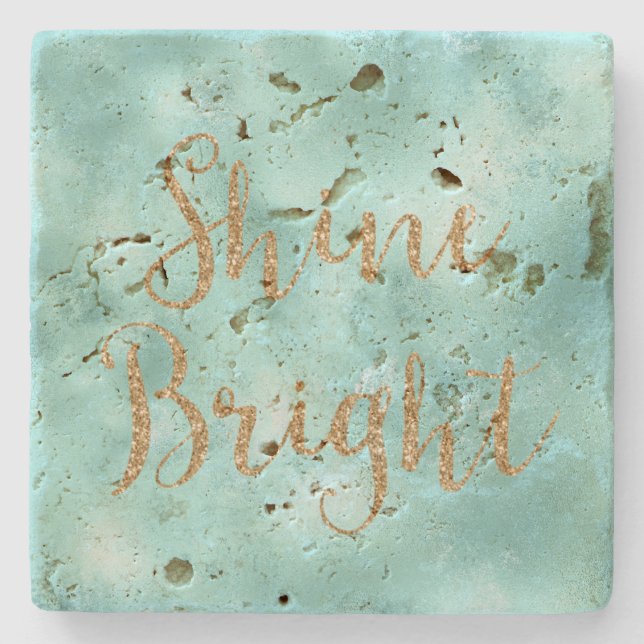 Mint Aqua Gold Glitter Shine Stone Coaster (Front)