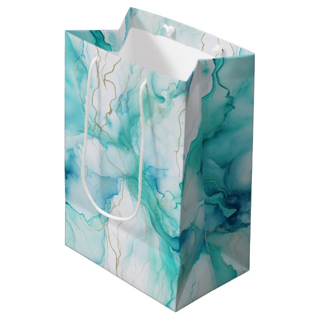 Mint Aqua Gold Ink Marble Medium Gift Bag (Front Angled)