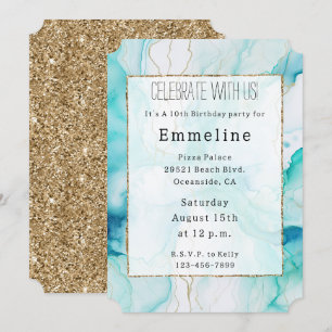Mint Aqua Gold Mermaid Ink Marble Invitation
