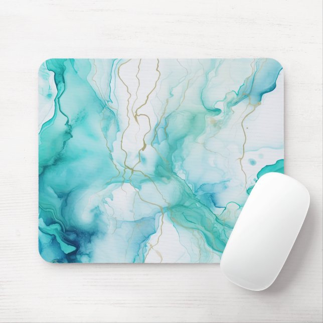 Mint Aqua Ink Marble Mouse Mat (With Mouse)