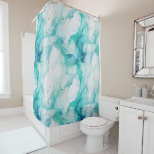 Mint Aqua Ink Marble Shower Curtain