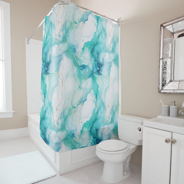 Mint Aqua Ink Marble Shower Curtain (In Situ)