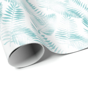 Mint Aqua Ombre Tropical Leaves Wrapping Paper