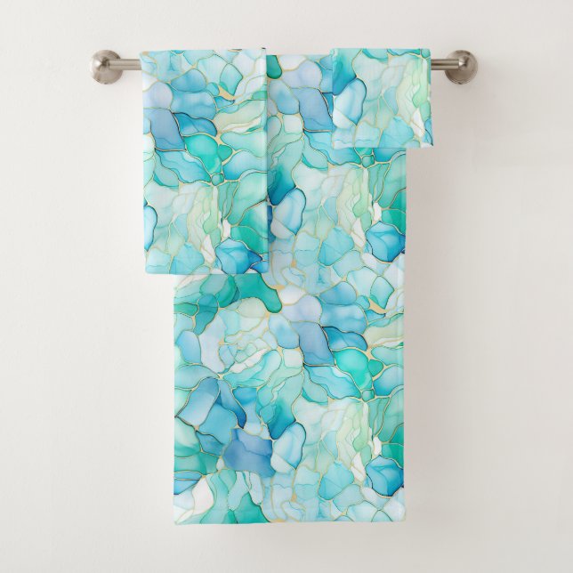 Mint Aqua Pearl Gold Marble  Bath Towel Set (Insitu)