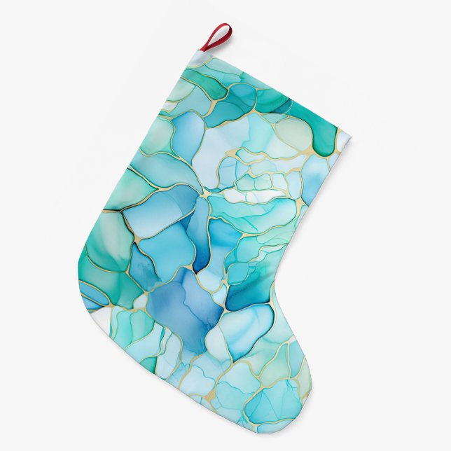 Mint Aqua Pearl Gold Marble  Large Christmas Stocking (Front (Hanging))
